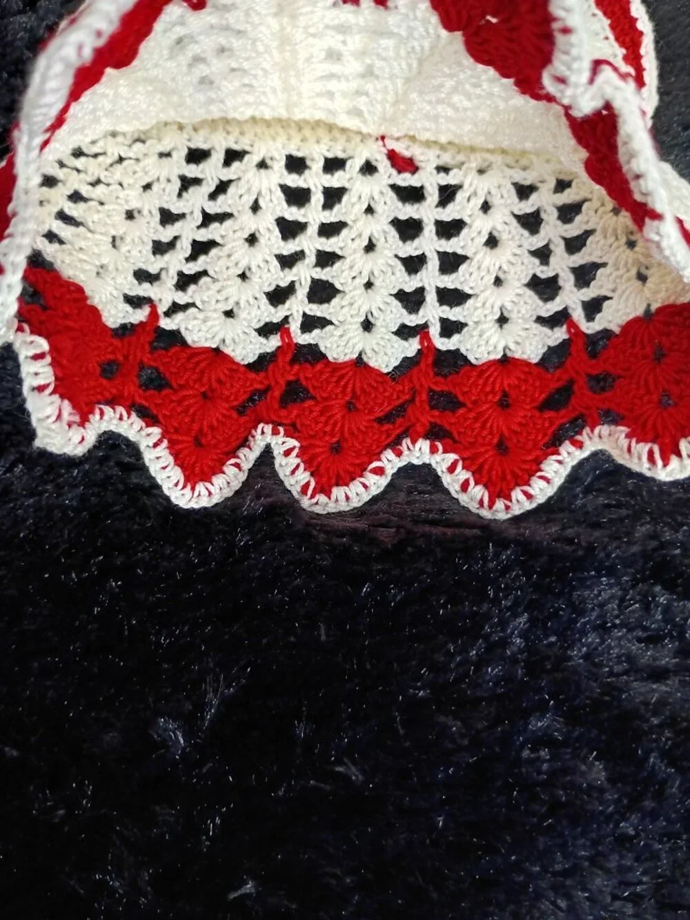 Handmade Crochet Dress-Style Kitchen Towel Holder In White & Red With Hanging Lo